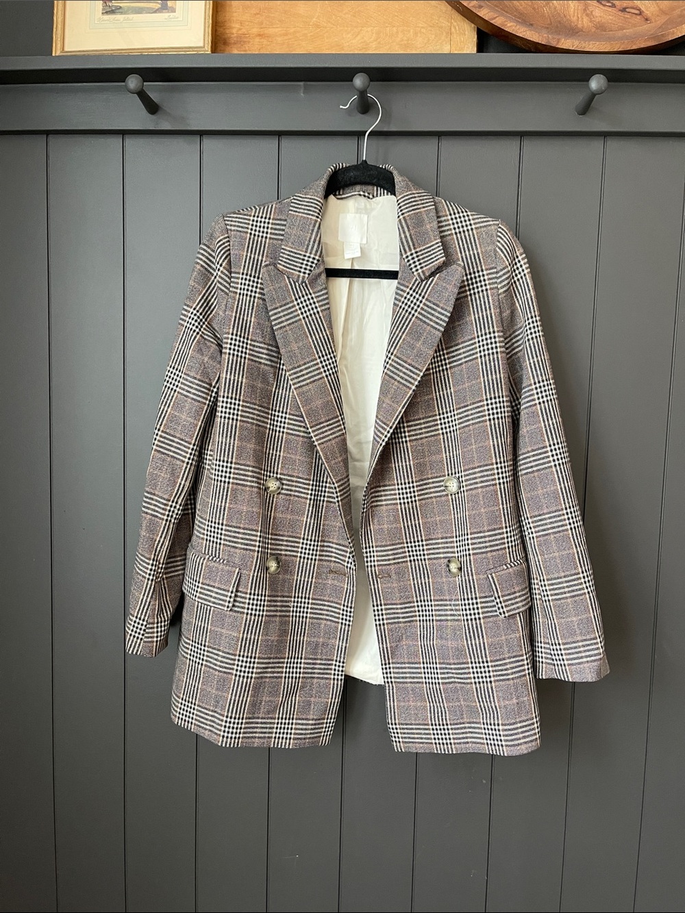 H&M Plaid Double-Breasted Blazer in Brown and Cream
